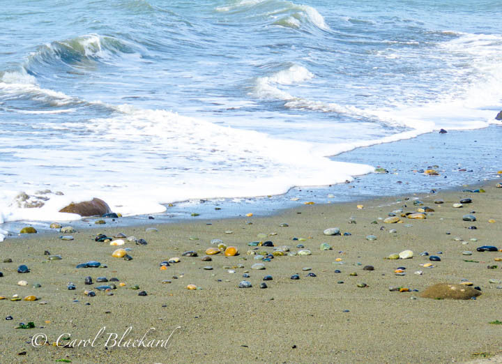Bright blue and white ocean waves lap colorful shore