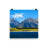 Lake Forebay with backdrop of massive peaks and yellow aspen - print