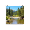 Peaceful mountain stream framed by pines and distant mountain  - print