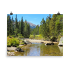 Peaceful mountain stream framed by pines and distant mountain  - print