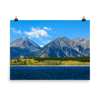 Lake Forebay with backdrop of massive peaks and yellow aspen - print
