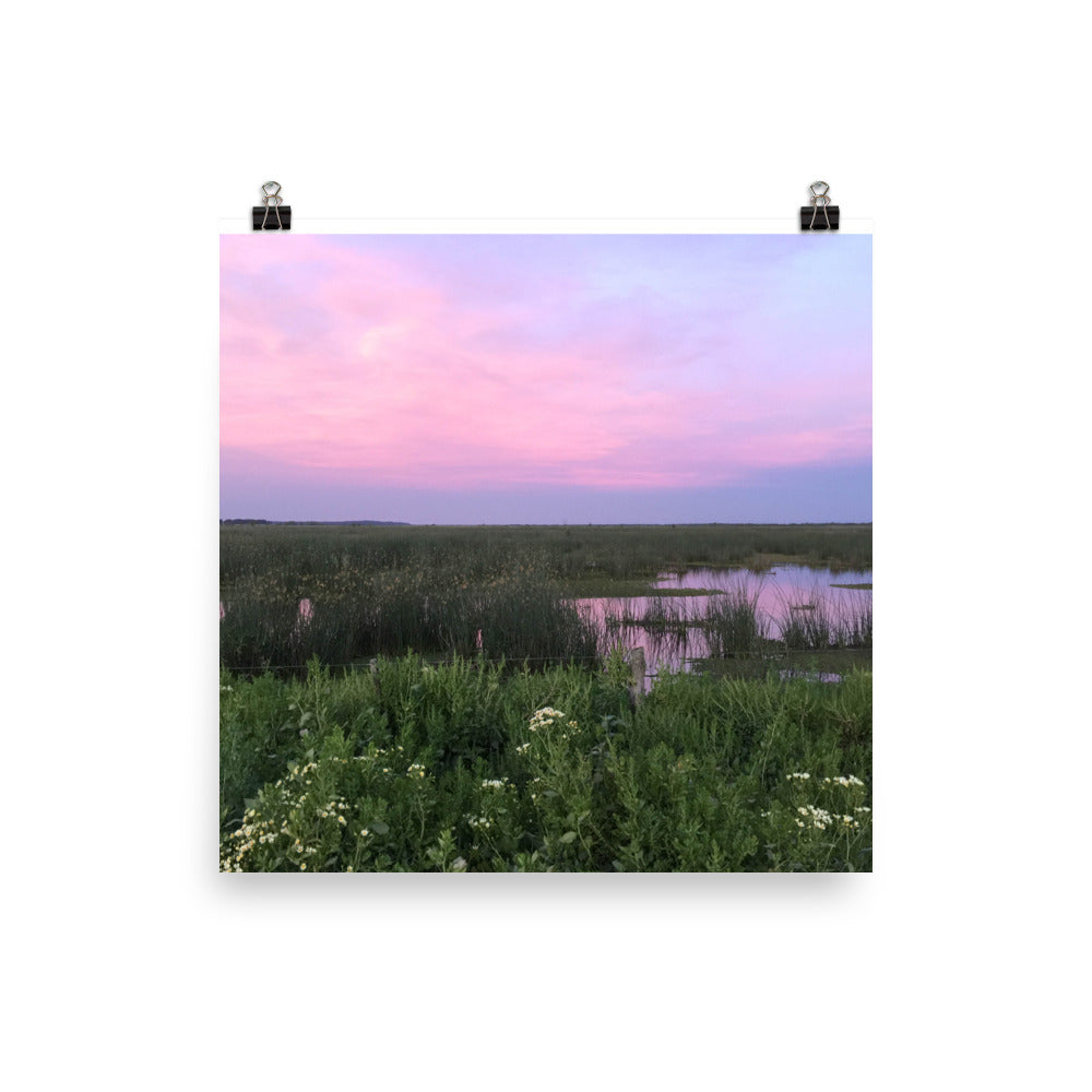 Beautiful soft pink and blue sunset over reflective water - Print