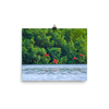Red ibises, blue water and green trees