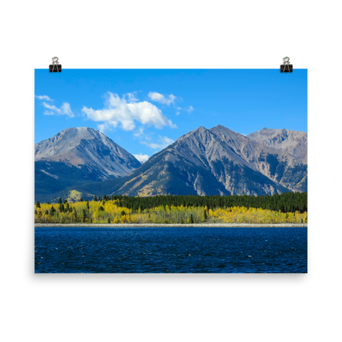 Lake Forebay with backdrop of massive peaks and yellow aspen - print